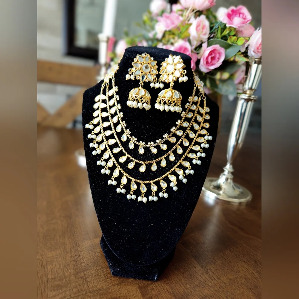 3 tier Kundan necklace Mala with jhumka set/ Indian jewellery/ pakistani jewelry - Picture 7 of 7
